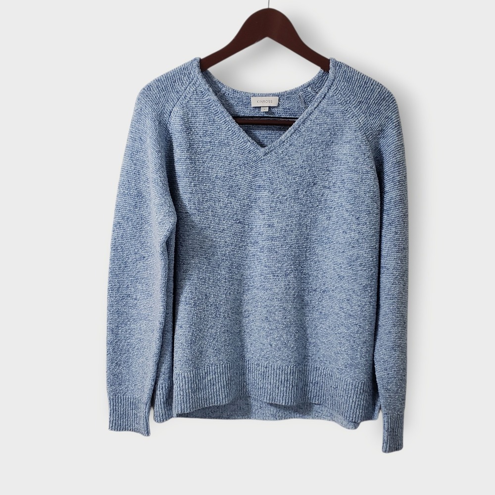 KINROSS V‎ Neck Speckled Knit Textured Pullover Sweater Blue Cotton Size L